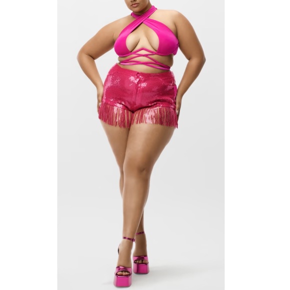 NEW adidas x Ivy Park Sequin Shorts with Fringe Pink SIZE 1X - Picture 2 of 10